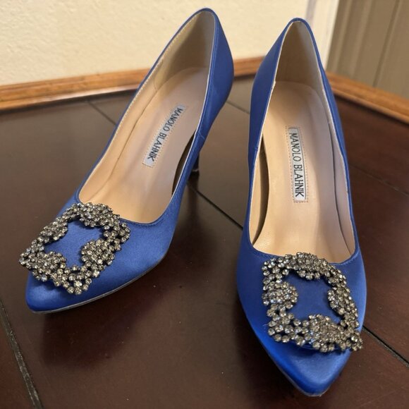 Manolo Blahnik Shoes - Manolo Blahnik Blue Satin Hangisi Crystal Buckle Pointed Toe Pumps